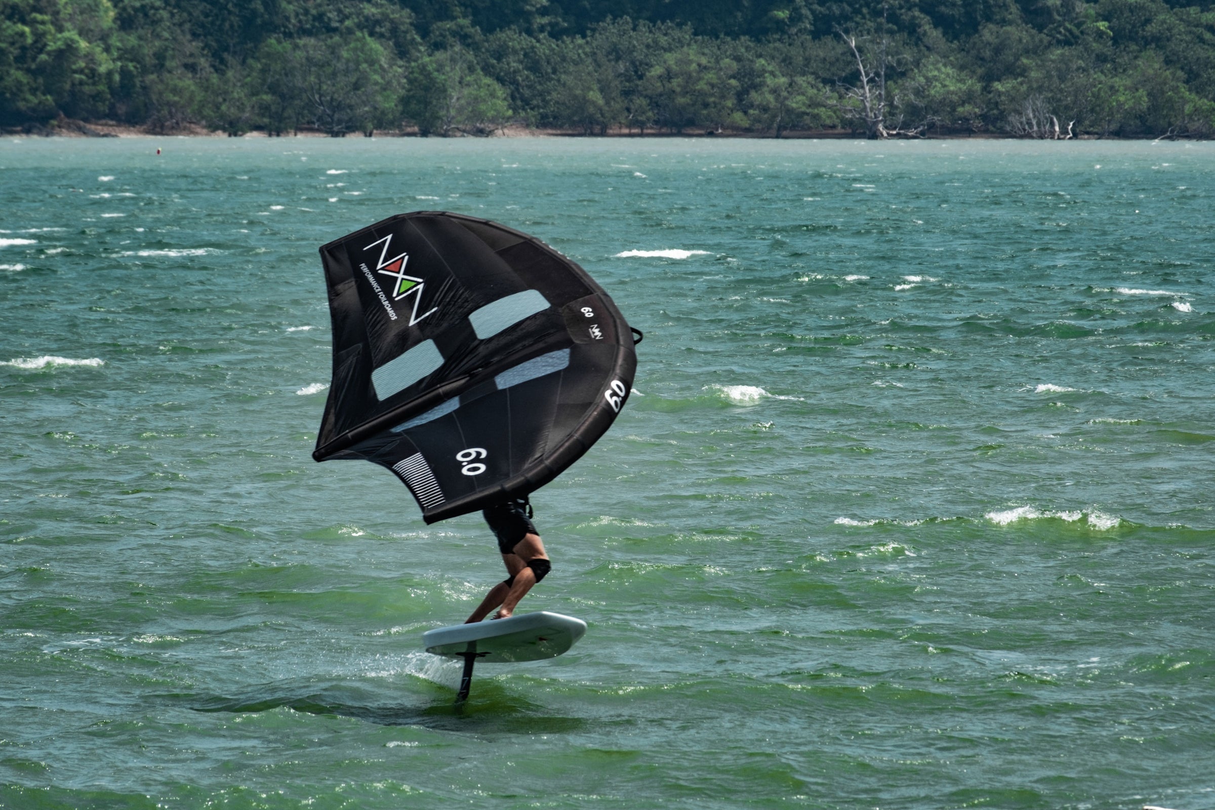 rider with a nexen wing and foil board sailing through water, off the beach with green trees