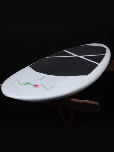 Top front view Nexen Prone Foil Board white 30L black shaped pattern with Nexen logo at the nose