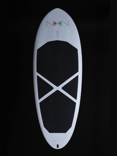 Top view Nexen Prone Foil Board white 30L black shaped pattern Nexen logo