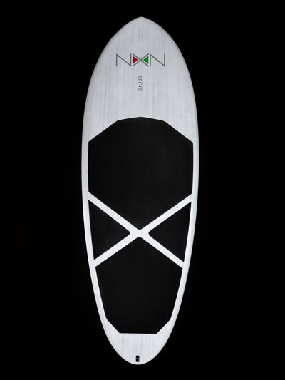 Top view Nexen Prone Foil Board white 40L black shaped pattern Nexen logo