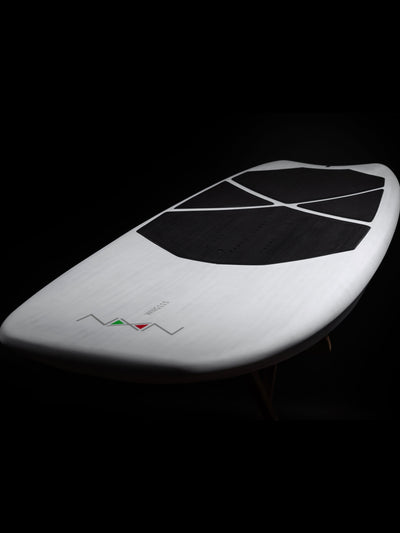 Top front view Nexen Wing Foil Board white 115L black shaped pattern with Nexen logo at the nose