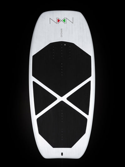 Top view Nexen Wing Foil Board white 60L black shaped pattern. Nexen logo.