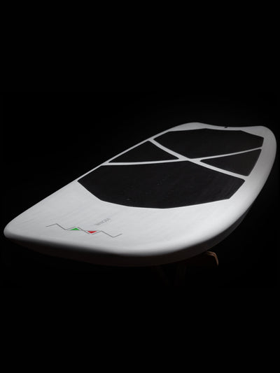 Top front view Nexen Wing Foil Board white 84L black shaped pattern with Nexen logo at the nose