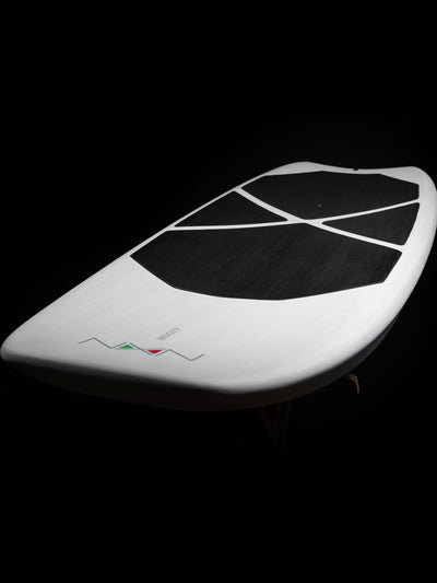 Top front view Nexen Wing Foil Board white 99L black shaped pattern with Nexen logo at the nose